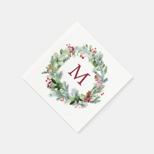 Winter Greenery Wreath Monogram Paper Serviette (Ecke)