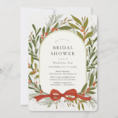 Winter Greenery Wreath Red Bow Brautparty Einladung (Vorderseite)