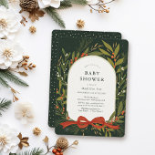 Winter Greenery Wreath Red Bow Green Baby Shower Einladung