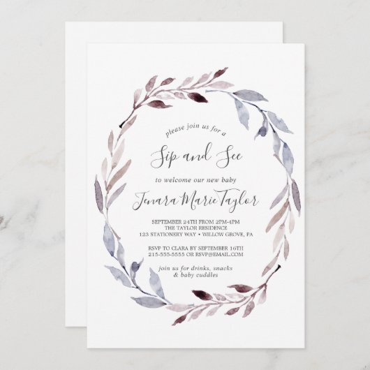 Winter Greenery Wreath Sip and See Einladung (Vorne/Hinten)