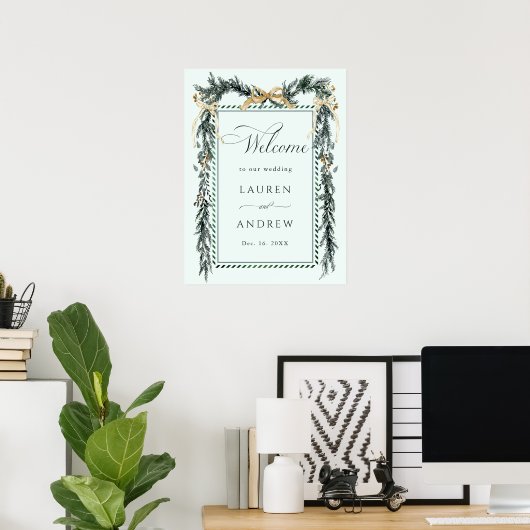 Winter Greens Garland Wedding Welcome Mint Green Poster (Heimbüro)