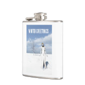 Winter Greetings. Female elf walking in the snow Flachmann (Links)