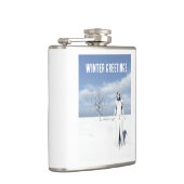 Winter Greetings. Female elf walking in the snow Flachmann (Rechts)