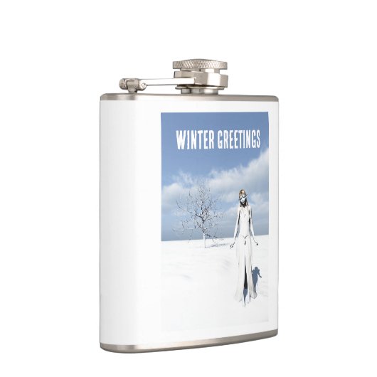 Winter Greetings. Female elf walking in the snow  Flachmann (Rechts)