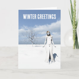 Winter Greetings. Female elf walking in the snow Karte