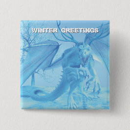 Winter Greetings. Ice dragon with antlers Button