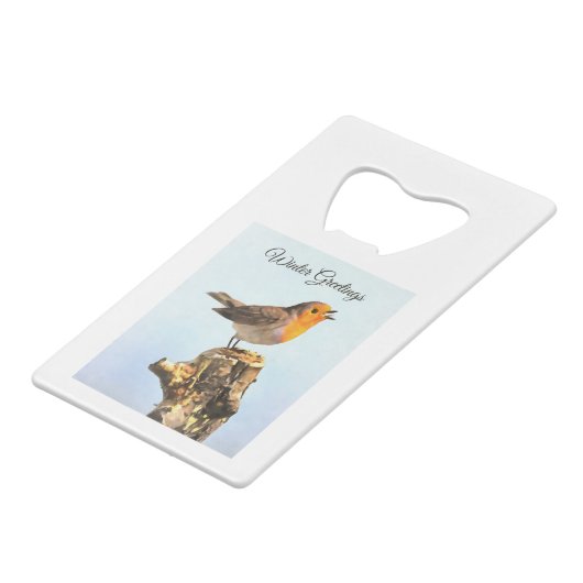 Winter Greetings. Robin singing  Geldbeutel Flaschenöffner (Rückseite Schrägansicht)