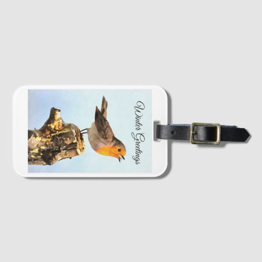 Winter Greetings. Robin singing  Gepäckanhänger (Vorderseite (Horizontal))