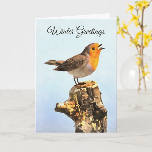 Winter Greetings. Robin singing  Karte (Gelbe Blume)