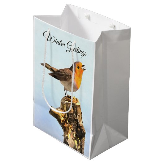 Winter Greetings. Robin singing Mittlere Geschenktüte (Vorderseite Schrägansicht)