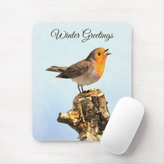 Winter Greetings. Robin singing Mousepad (Mit Mouse)