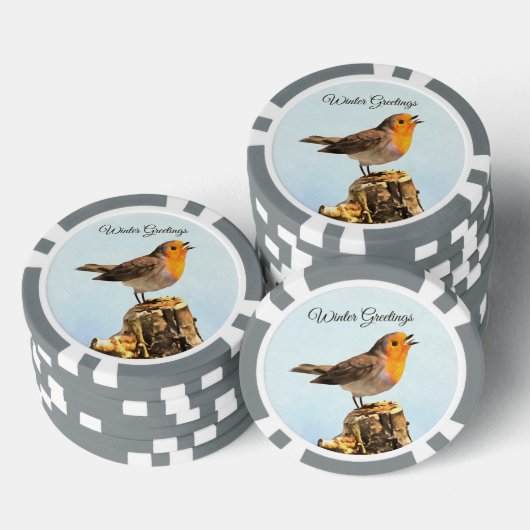 Winter Greetings. Robin singing Pokerchips (Stapel)