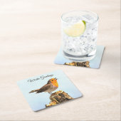 Winter Greetings. Robin singing Rechteckiger Pappuntersetzer (Vor Ort)