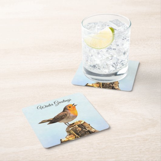 Winter Greetings. Robin singing Rechteckiger Pappuntersetzer (Vor Ort)