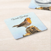 Winter Greetings. Robin singing Rechteckiger Pappuntersetzer (angewinkelt)