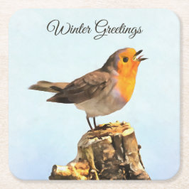 Winter Greetings. Robin singing  Rechteckiger Pappuntersetzer