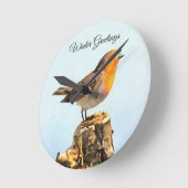 Winter Greetings. Robin singing Runde Wanduhr (Winkel)