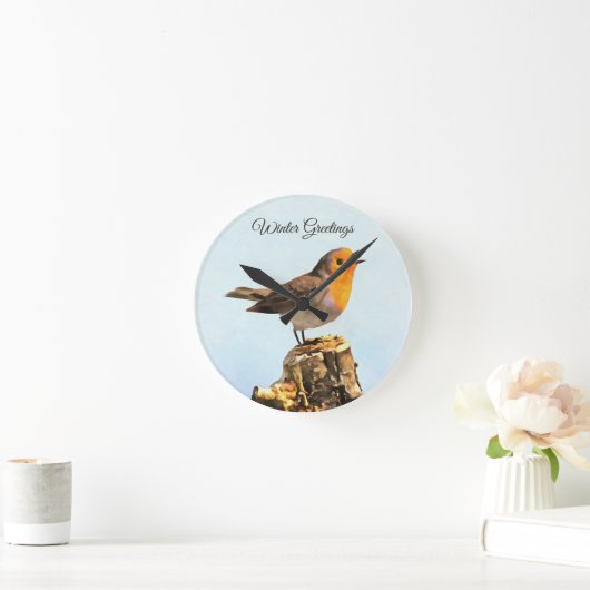 Winter Greetings. Robin singing Runde Wanduhr (Zuhause)