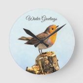 Winter Greetings. Robin singing Runde Wanduhr (Vorderseite)
