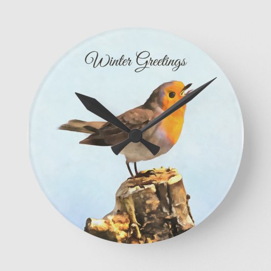 Winter Greetings. Robin singing  Runde Wanduhr (Vorderseite)