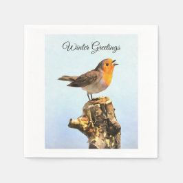 Winter Greetings. Robin singing Serviette