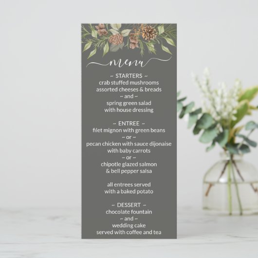 Winter Grey Elegant Script Wedding Menu Menükarte (Stehend Vorderseite)