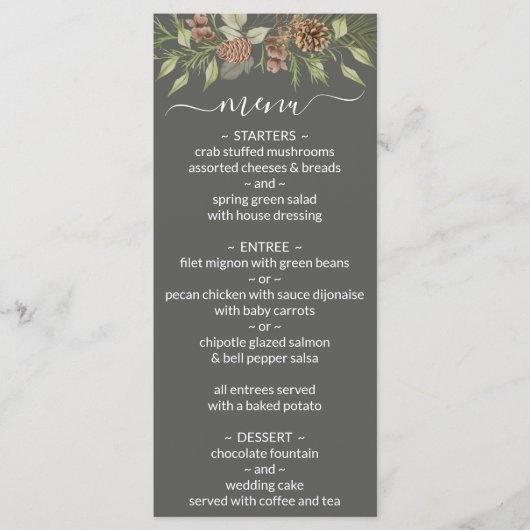 Winter Grey Elegant Script Wedding Menu Menükarte (Vorderseite)