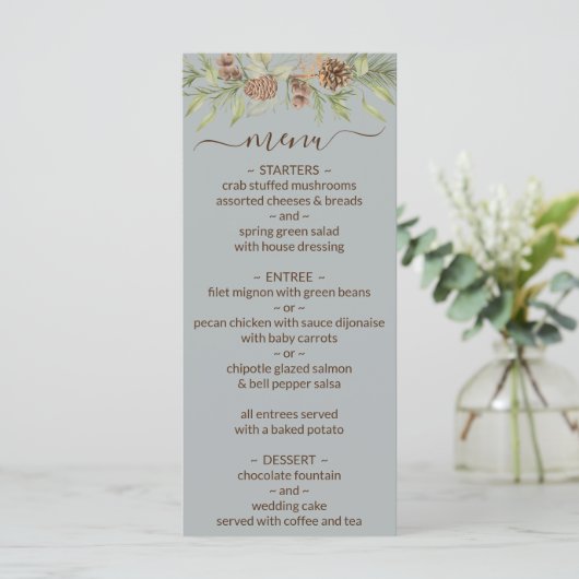 Winter Grey Elegant Script Wedding Menu Menükarte (Stehend Vorderseite)