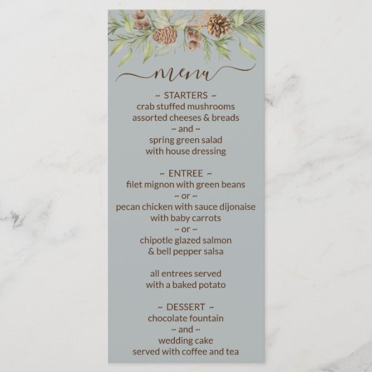 Winter Grey Elegant Script Wedding Menu Menükarte (Vorderseite)
