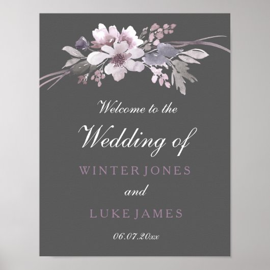 Winter Grey Floral Watercolor Wedding Poster (Vorne)