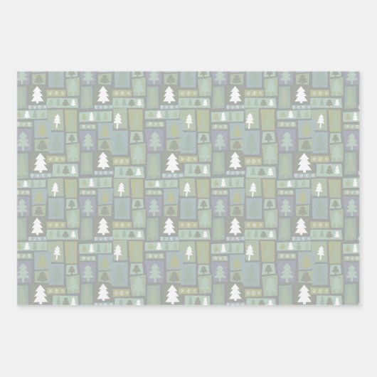 Winter Grüne Bäume Schneeflocken Pastel Modern Geschenkpapier Set (Vorderseite)