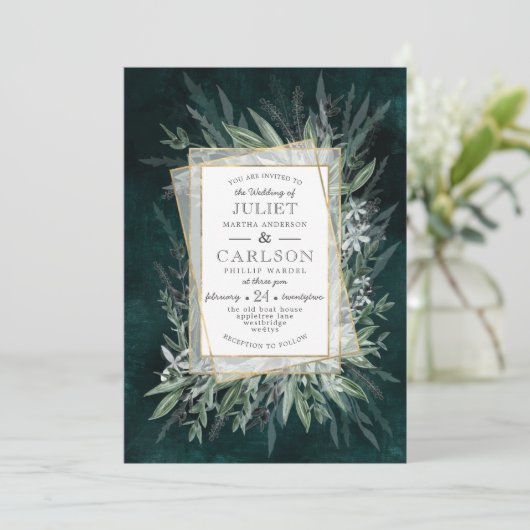 Winter Grüntöne Dunkelgrünes Blattwerk Einladung (Stehend Vorderseite)