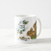 Winter-Häschen und Vögel in der Kaffeetasse (VorderseiteRechts)