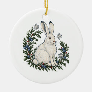 Winter-Hase und Wacholder-Wald-Ornament Keramik Ornament