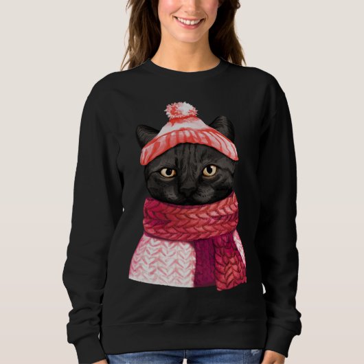 Winter Hat And Shawl Black Cat For Kitten Sweatshirt (Vorderseite)