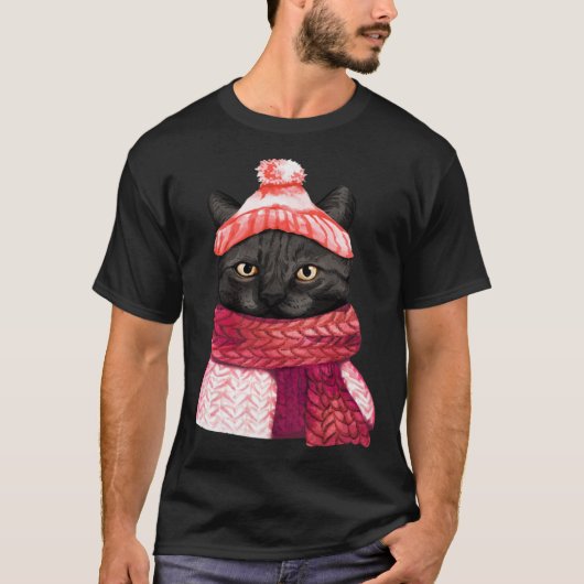 Winter Hat And Shawl Black Cat For Kitten T-Shirt (Vorderseite)