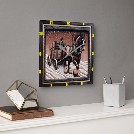 Winter Haul: Individuell gestaltbares Holzkohle Cl Quadratische Wanduhr (Büro)