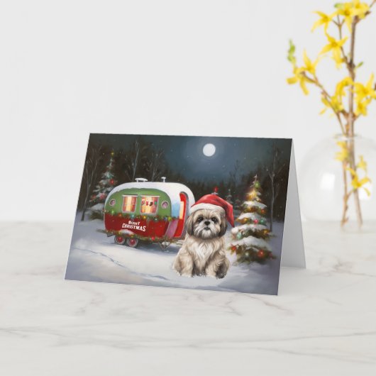 Winter Havanese Caravan Weihnachtsabenteuer Karte (Gelbe Blume)