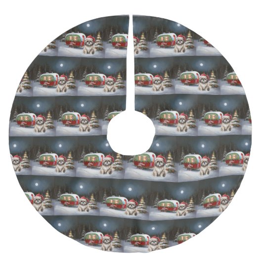 Winter Havanese Caravan Weihnachtsabenteuer Polyester Weihnachtsbaumdecke (Vorderseite)