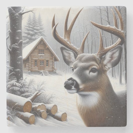 Winter-Hirsch/Hirschbock-Kunst Steinuntersetzer (Vorderseite)