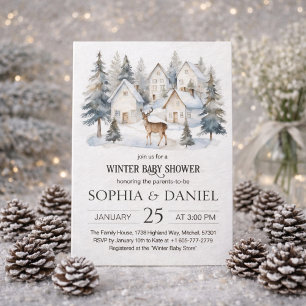 Winter-Hirsch im Dorf Aquarell-Baby-Shower Einladung