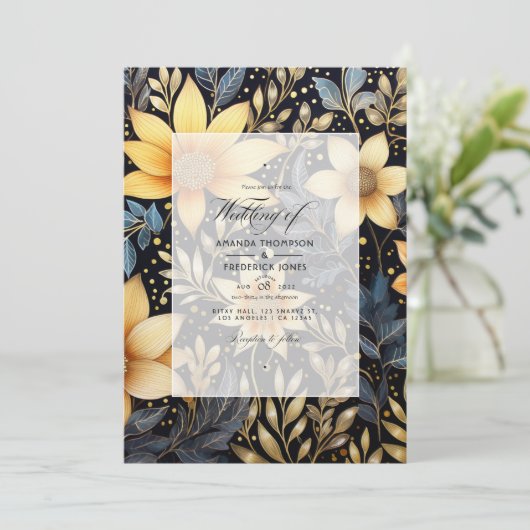 Winter-Hochzeit in Schwarz und Gold Einladung (Stehend Vorderseite)