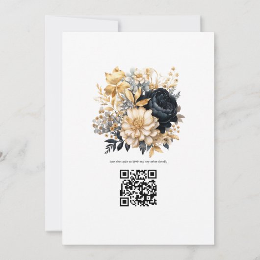 Winter-Hochzeit in Schwarz und Gold Einladung (Rückseite)