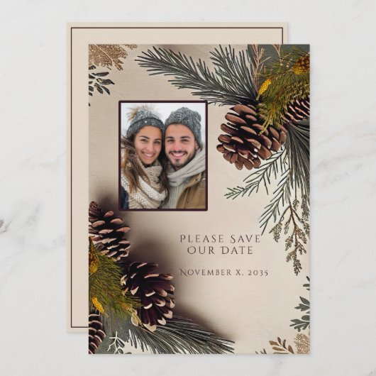 Winter Hochzeit Pine Cones Pine Needles Save The Date (Vorne/Hinten)