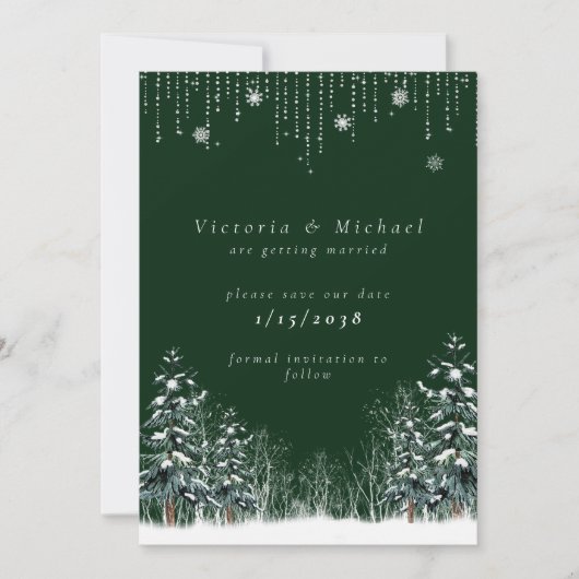 Winter Hochzeit Pine Trees Schneeflocken Save The Date (Vorderseite)