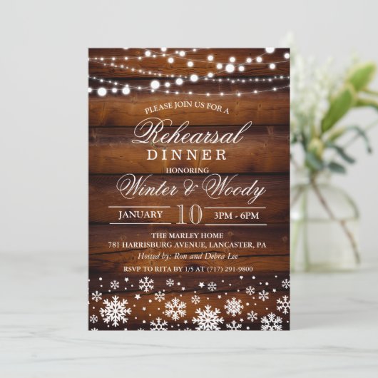 Winter Hochzeit Probe Dinner Einladung (Stehend Vorderseite)