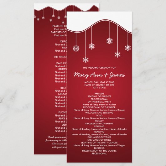 Winter Hochzeit Programm Snowflake Dekoration Rot (Vorne/Hinten)