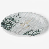 Winter Hochzeit Sparkle Schneeflocken Pinienbäume Pappteller (Schrägansicht)