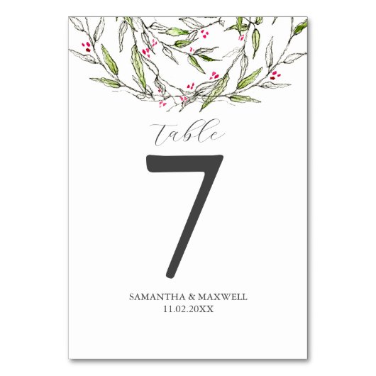Winter Hochzeit Tischnummer Rustikale Botanicals (Vorderseite)
