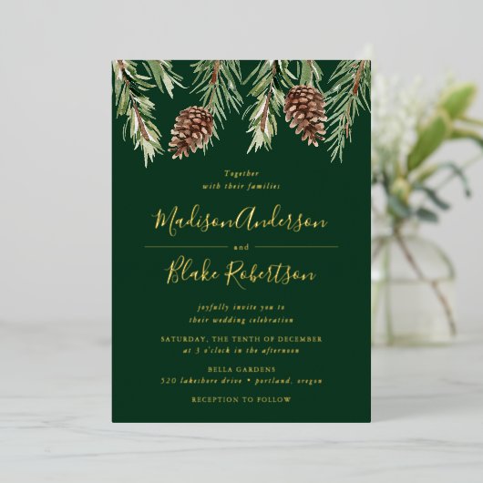 Winter-Hochzeit von Cone Watercolor Pine Folieneinladung (Stehend vorne)